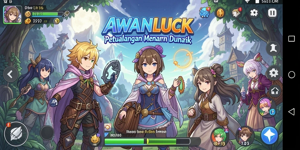 Screenshot utama AWANLUCK menunjukkan karakter anime dalam aksi yang dinamis.