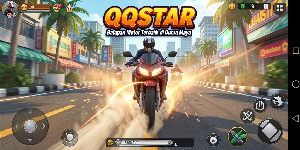 Screenshot gameplay <strong>QQSTAR</strong> menampilkan aksi balapan motor yang mendebarkan.