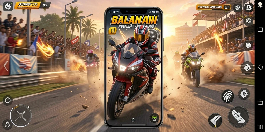 Screenshot <strong>SEMAR123</strong> menampilkan balapan motor yang mendebarkan di trek yang indah.